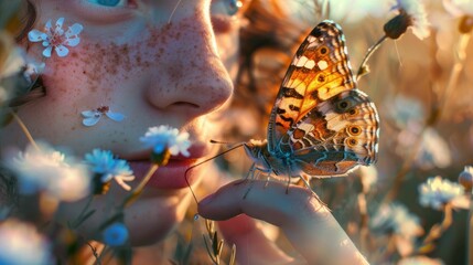 The close up picture of the person holding the butterfly on the finger that has been surrounded...