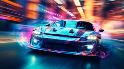 Naklejka premium a modern high speed car rushes down the street of a night city, engulfed in flames or plasma, street lights, road, blurred motion