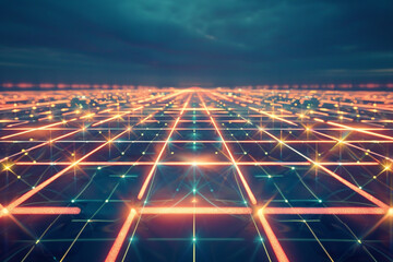 A grid of glowing lines stretching to infinity, with each intersection creating a point of convergence and departure in a digital landscape.