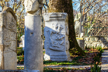 ancient statue and columns in the istanbul archeology museum garden