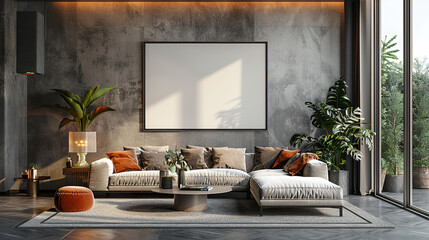 Mockup poster frame on the wall of living room. Luxurious apartment background with contemporary design. Modern interior design