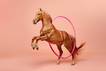 Horse exercise with hula hoop. Ai generative art	