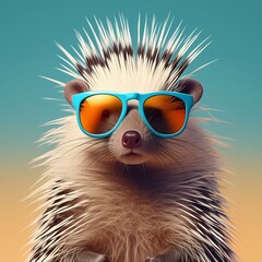 Creative animal concept. Porcupine in sunglass shade glasses isolated on solid pastel background, commercial, editorial advertisement, surreal surrealism See Less
