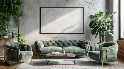 Mockup poster frame on the wall of living room. Luxurious apartment background with contemporary design. Modern interior design