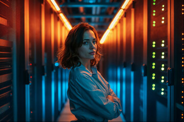 Female technician standing, server room smiling technology professional happy arms crossed