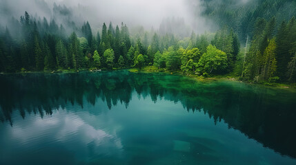 Fototapeta premium mountain lake at dawn, mist hovering over the calm water, surrounded by lush pine forests, reflected in the crystal clear water