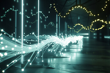 A network of glowing fiber optic cables snaking through a darkened room, illuminating the space with lines of light that pulse and flicker with data transmission.
