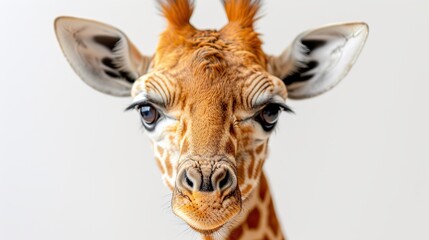 Portrait of a giraffe on a gray background, close-up