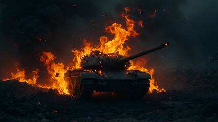 A tank is on fire in a desert. War Concept. Armored vehicles. Tanks battle The fire is so intense that it is almost impossible to see the tank Tank against the background of fire, smoke and explosions