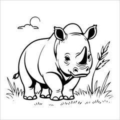 Rhino Grazing in Grasslands Vector Coloring page for Kids