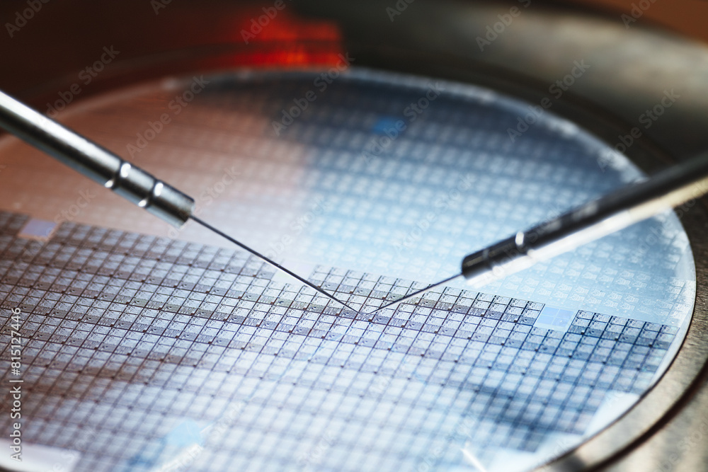 Poster silicon wafer during photolithography process inside complex computer chip production machine. semic