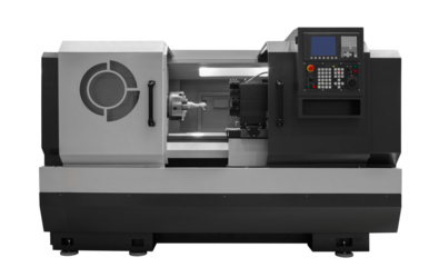 Manufacturing professional lathe machine. Industrial concept. Programmable modern cnc digital lathe with digital program control, turret type blade holder isolated on white transparent background