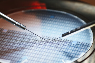 Silicon Wafer during Photolithography Process inside Complex Computer Chip Production Machine. Semiconductor Manufacturing at Modern Fab or Foundry.