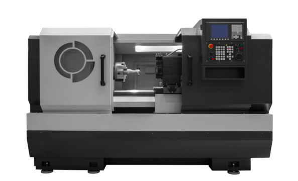 Manufacturing professional lathe machine. Industrial concept. Programmable modern cnc digital lathe with digital program control, turret type blade holder isolated on white transparent background - Powered by Adobe
