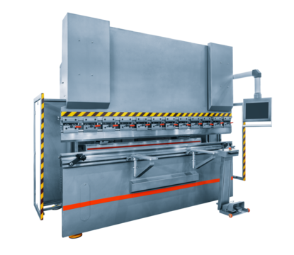 Large industrial press machine for bending metal sheet  details products isolated on white transparent background