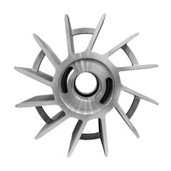 Obraz premium Part of a metal turbine printed on a 3D printer isolated on white transparent background, new additive technologies concept on whire