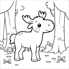 Moose Grazing in a Wooded Area Vector Coloring page for Kids