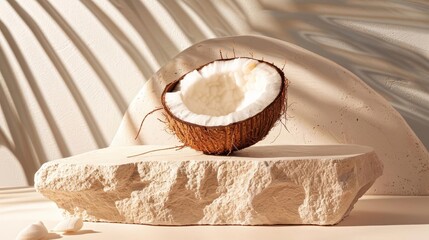 Sandstone podium with a coconut, evoking tropical vibes perfect for beachthemed products