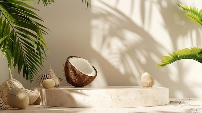 Sandstone podium with a coconut, evoking tropical vibes perfect for beachthemed products