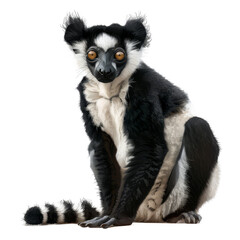 Obraz premium A black and white lemur sitting in front of a Png background, a indri isolated on transparent background