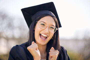 Portrait, excited and girl with graduation, student and university with degree, education or...