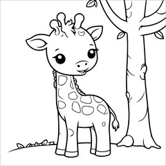 Naklejka premium Giraffe Nuzzling a Tree Branch Vector Coloring page for Kids
