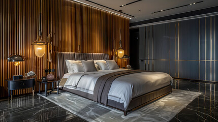 A modern bedroom with wood paneling and marble floors.