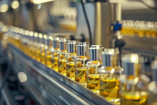 A line of perfume bottles on a conveyor belt.