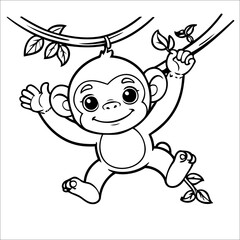 Chimpanzee Swinging Vector Coloring page for Kids