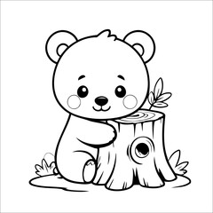 Bear Hugging a Tree Stump Icon Vector Coloring page for Kids