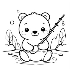 Bear Fishing in a River Vector Coloring page for Kids