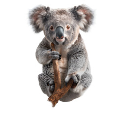 A koala bear clutching a branch against a Png background, a koala isolated on transparent background