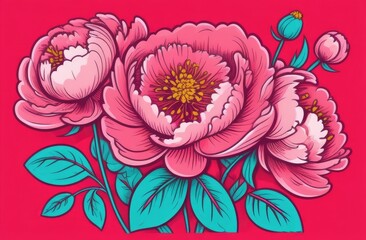 Beautiful peony bouquet design on beige background. Hand drawn illustration.