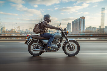 Obraz premium Rider on motorcycle on a city bridge road