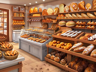 Warm and inviting bakery interior showcasing an abundant selection of freshly baked breads, bagels, and pastries on wooden shelves..