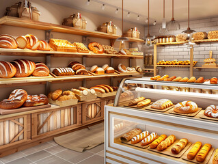 Warm and inviting bakery interior showcasing an abundant selection of freshly baked breads, bagels, and pastries on wooden shelves..