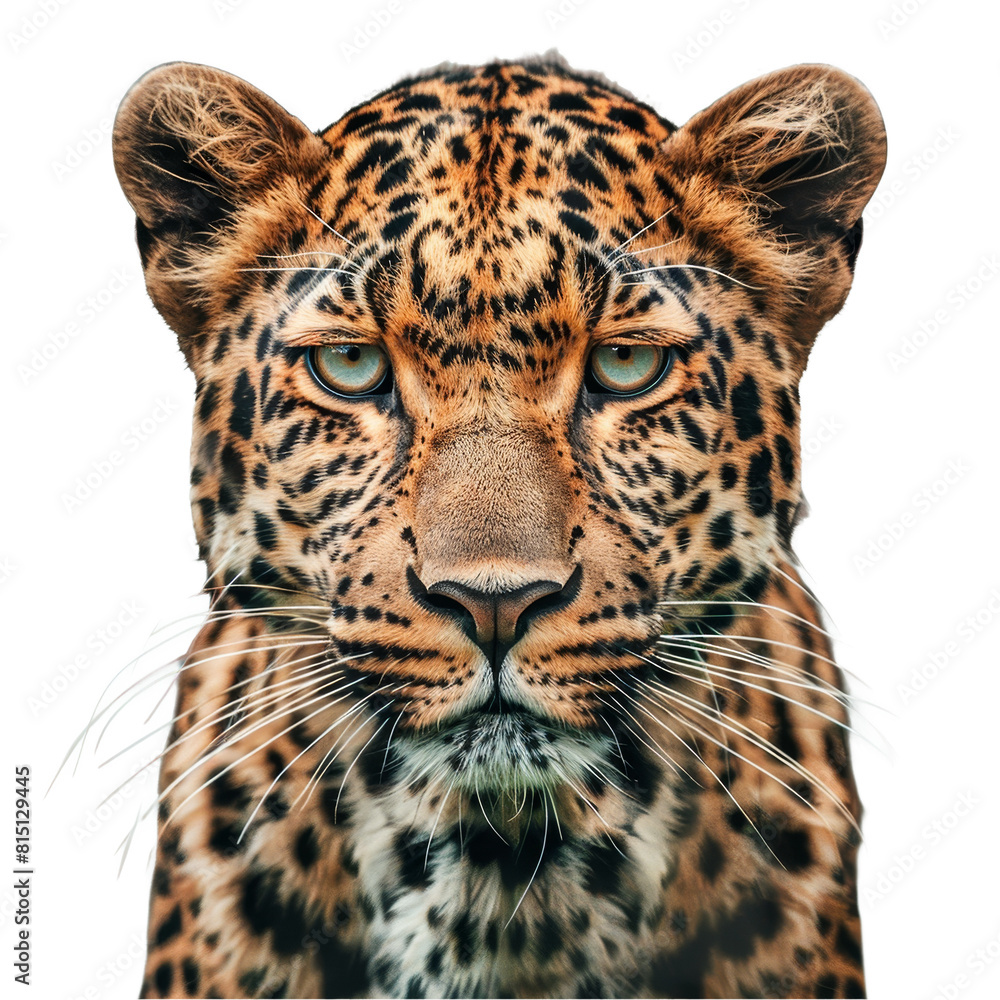 Poster close-up of a leopards face displayed in front of a plain png background, a leopard isolated on tran
