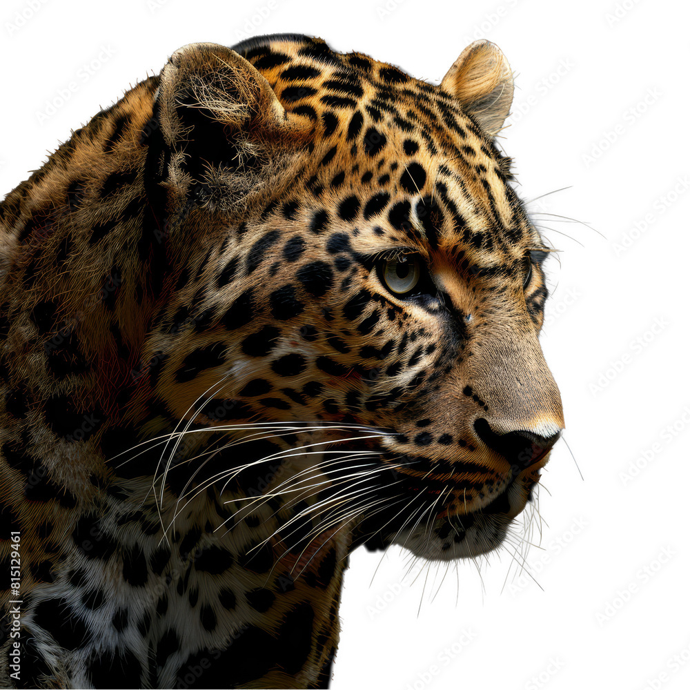 Poster a close-up view of a leopard with its distinctive spots, set against a clean png background, a leopa
