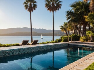 Coastal Elegance, Luxurious Poolside Escape Amidst Palm Trees.