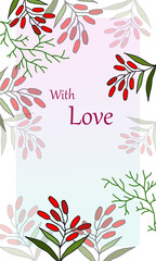 Postcard with red spring flowers set leaves for holiday, birthday, invitation, floral pattern, nice background, beautiful illustration, frame, greetings card, congratulation