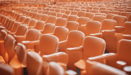 plastic orange colored empty audience chairs, isolated white background
