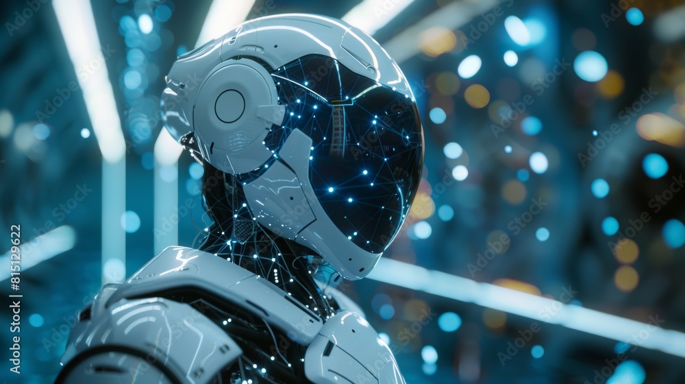 Poster advanced ai robot head with a glowing neural network, symbolizing hightech connections