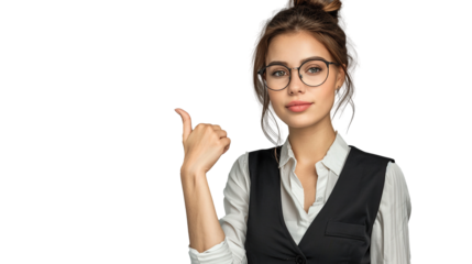 dreamy cute lady clerk dressed black vest eyewear looking showing arm. Transparent, isolated on white.