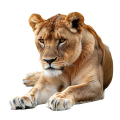 Fototapeta premium A lioness laying down on a Png background, resting peacefully, a Beaver Isolated on a whitePNG Background
