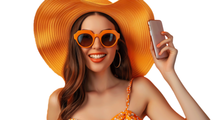 excited positive lady dressed cowskin top comparing arms empty space, Transparent. isolated on white.