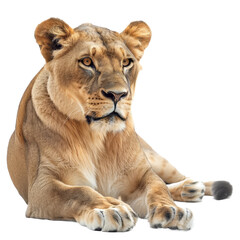 Fototapeta premium A lioness rests on a white surface in a relaxed position, a Beaver Isolated on a whitePNG Background