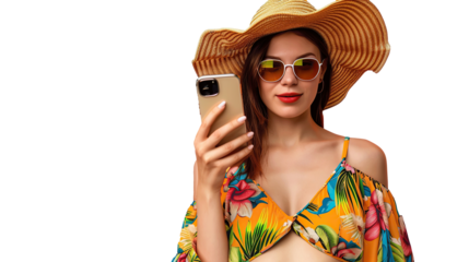 excited positive lady dressed cowskin top comparing arms empty space, Transparent. isolated on white.