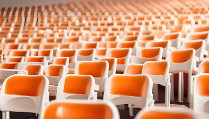 Fototapeta premium plastic orange colored empty audience chairs, isolated white background 