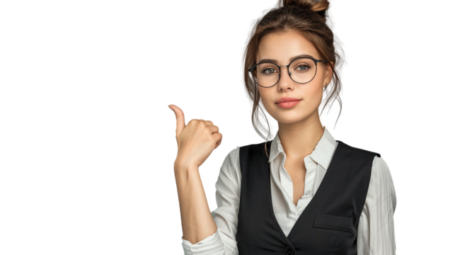 dreamy cute lady clerk dressed black vest eyewear looking showing arm. Transparent, isolated on white.