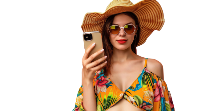 excited positive lady dressed cowskin top comparing arms empty space, Transparent. isolated on white.